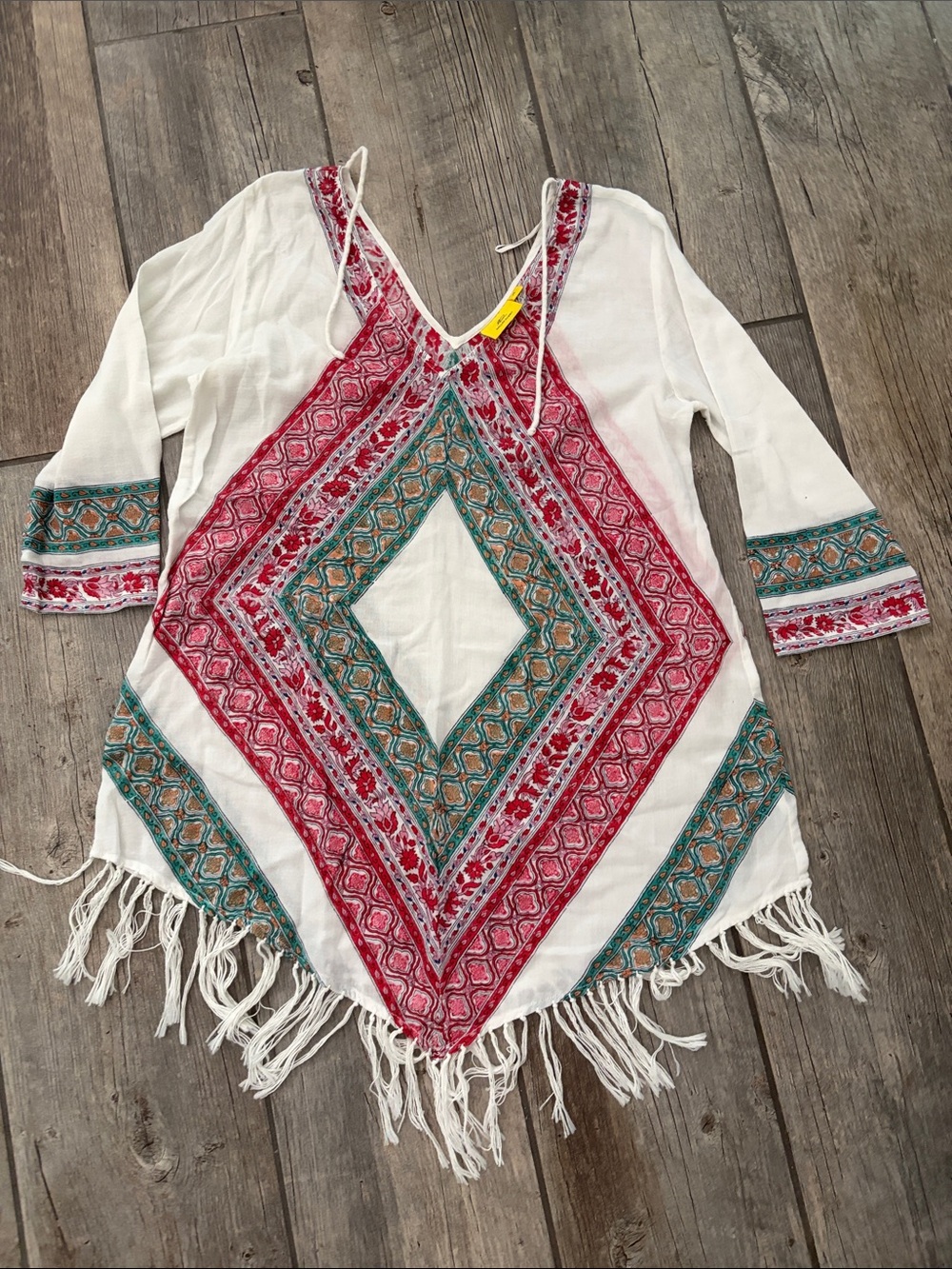 Roller Rabbit White Tunic with Pink & Teal Geometric Embroidery